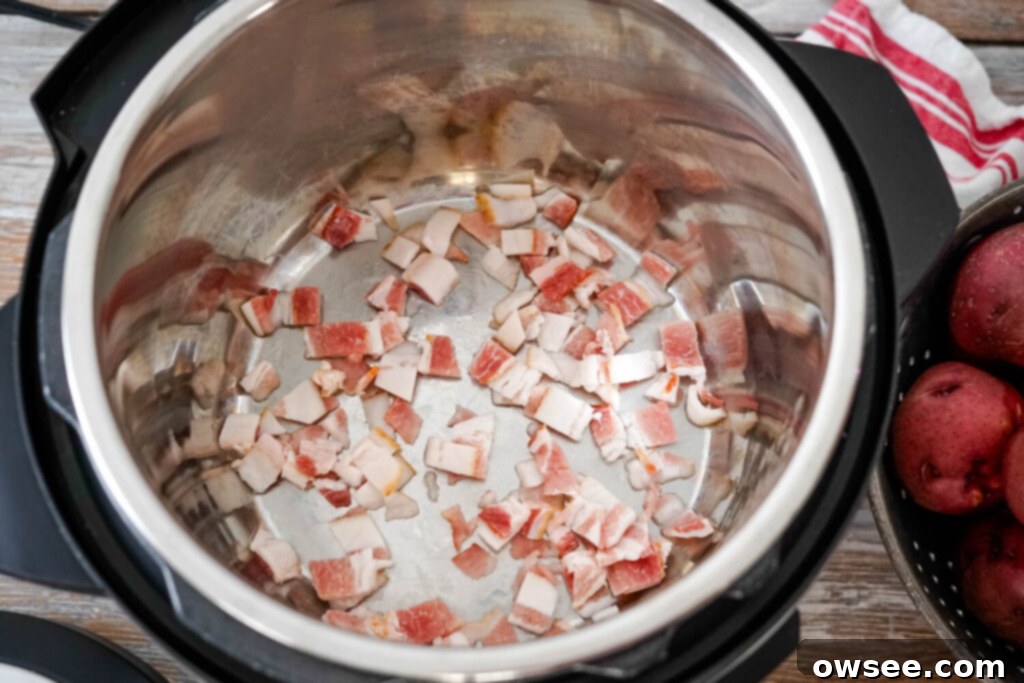 Creamy Instant Pot Ranch Potatoes 5 Frying the bacon in the instant pot.