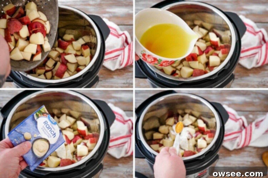 Creamy Instant Pot Ranch Potatoes 6 A collage image showing the potatoes, broth, ranch dressing packet and seasoned salt being added to the instant pot.