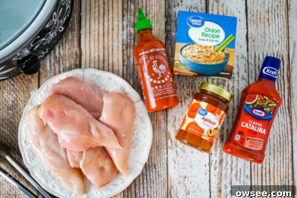 Sunset Catalina Chicken Feast 4 The ingredients needed to make Catalina Chicken: chicken breasts, Catalina dressing, apricot preserves, onion soup mix, and sriracha sauce