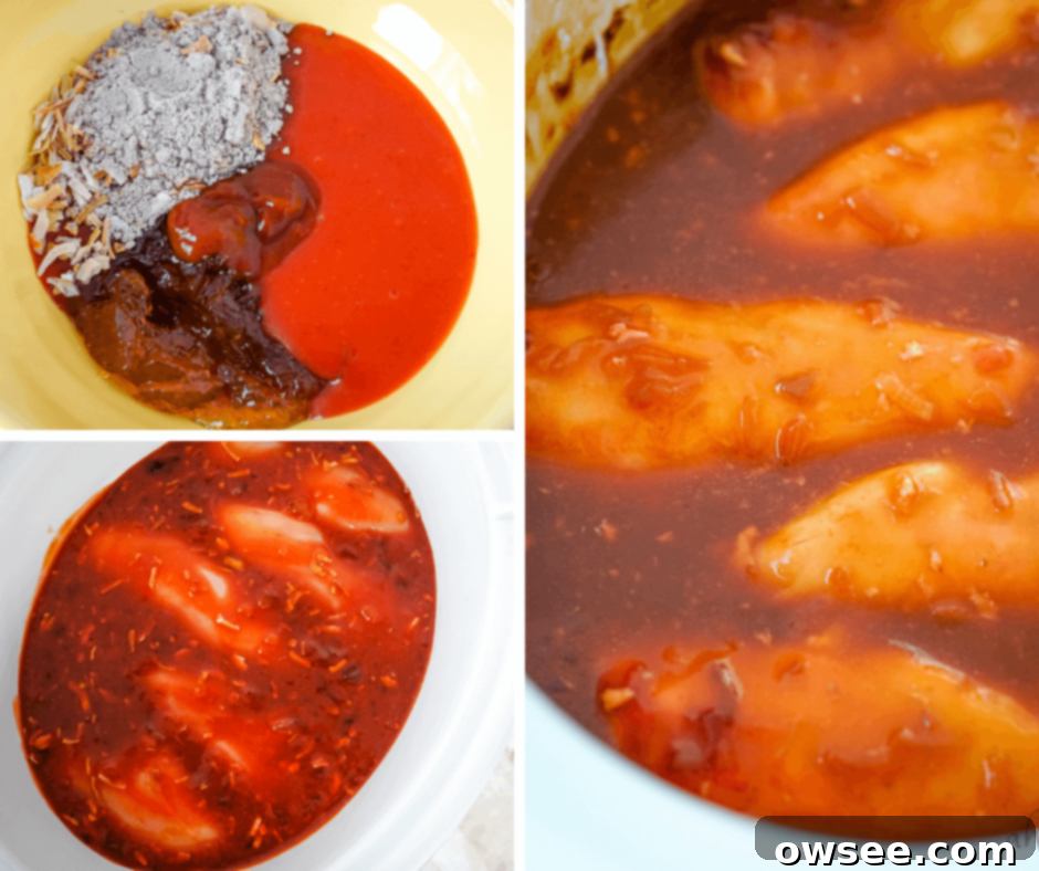 Sunset Catalina Chicken Feast 5 A collage image showing the steps to make Catalina Chicken in the crockpot.