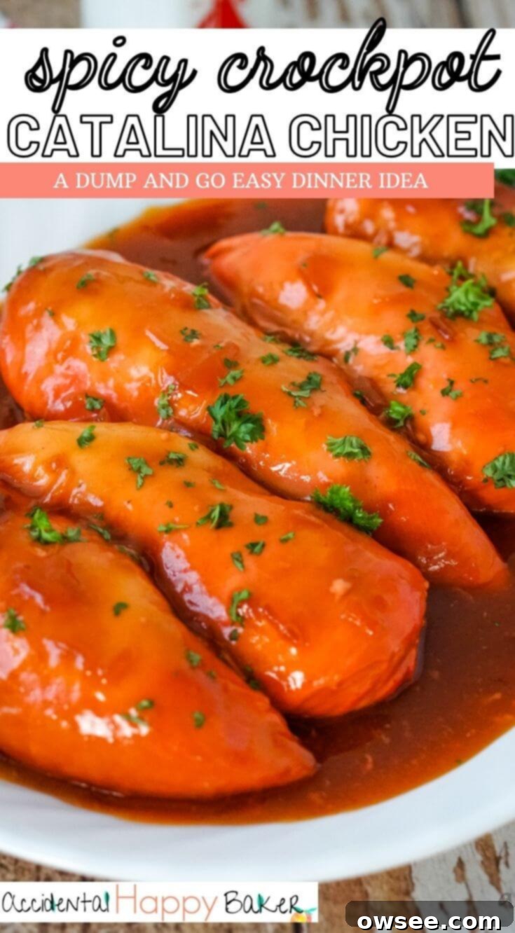Sunset Catalina Chicken Feast 8 Crockpot Catalina Chicken is sweet and tangy with a little kick of spice. It's dump and go, fix it and forget it weeknight easy! 5 minutes prep.