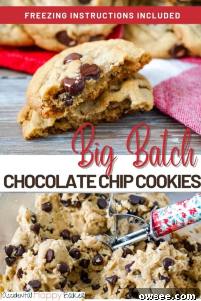 A Pinterest-friendly image showing a stack of soft and thick chocolate chip cookies, next to a metal bucket filled with more cookies, emphasizing the 'big batch' and 'freezer-friendly' aspects of the recipe.