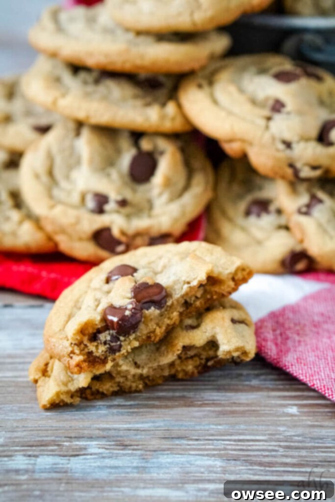 A perfectly baked, soft and chewy chocolate chip cookie with golden edges and a slightly underbaked center, cooling on a wire rack.