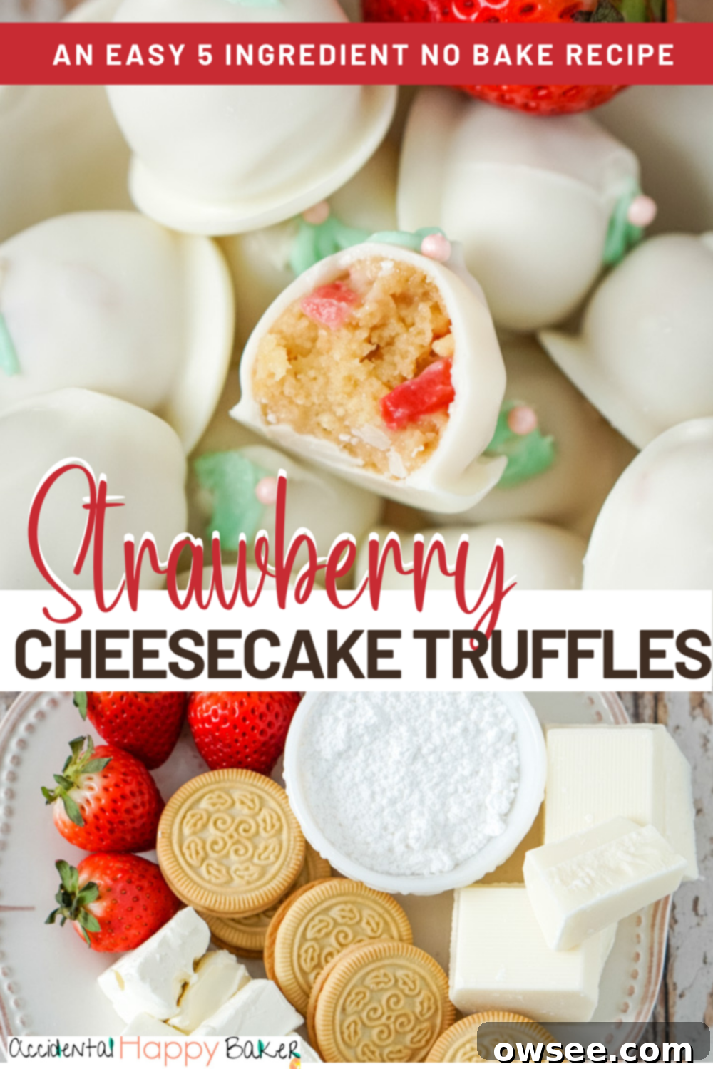 Easy Strawberry Cheesecake Truffles 11 A Pinterest-friendly image of finished strawberry cheesecake truffles with fresh strawberries.