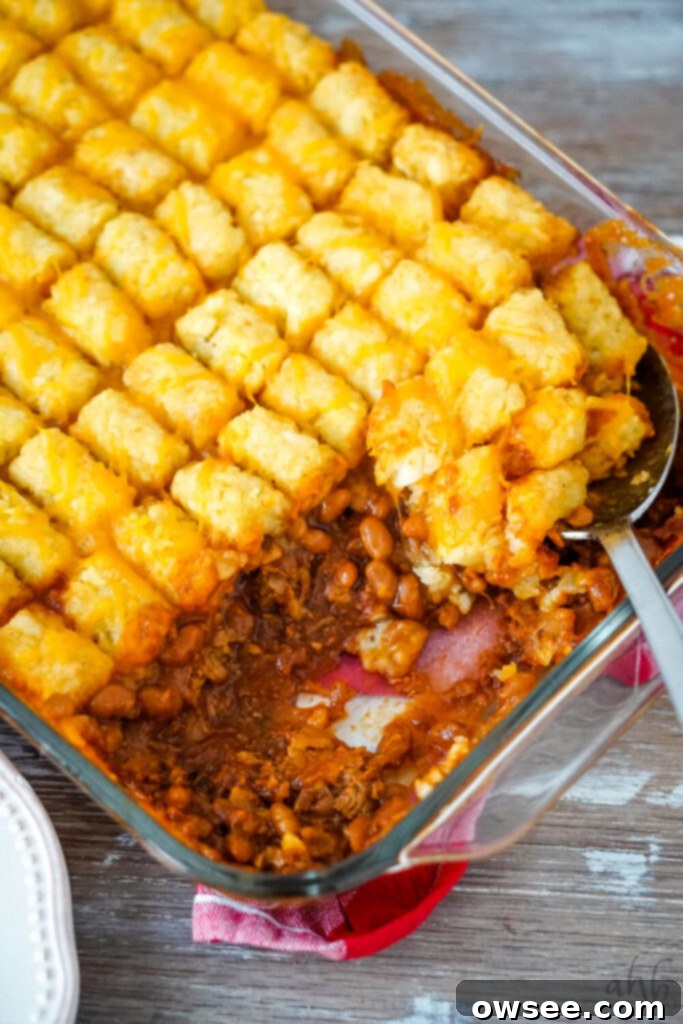 Loaded Pulled Pork Tater Tot Bake 2 A delicious and hearty Pulled Pork Tater Tot Casserole, freshly baked with golden crispy tater tots on top and a rich pulled pork and bean base visible beneath.