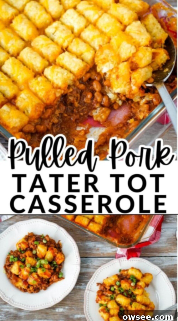 Loaded Pulled Pork Tater Tot Bake 8 A close-up of a serving of Pulled Pork Tater Tot Casserole in a bowl, showing the crispy tater tots, melted cheese, and tender pulled pork underneath, ready to be enjoyed.