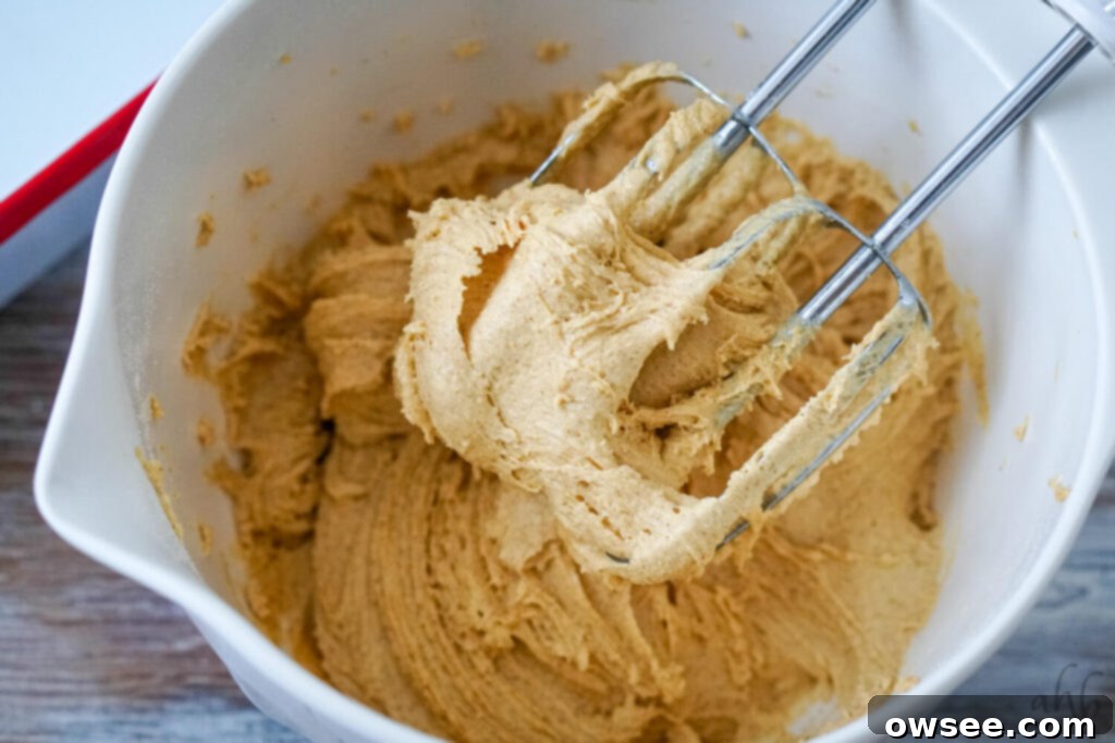 Churro Blondies 5 Step 1: Combining yellow cake mix, oil, eggs, and cinnamon in a bowl with an electric mixer.