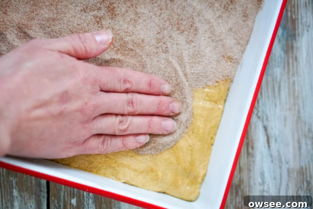 Churro Blondies 7 Step 3: Sprinkling and gently pressing the cinnamon sugar topping onto the churro bar dough.