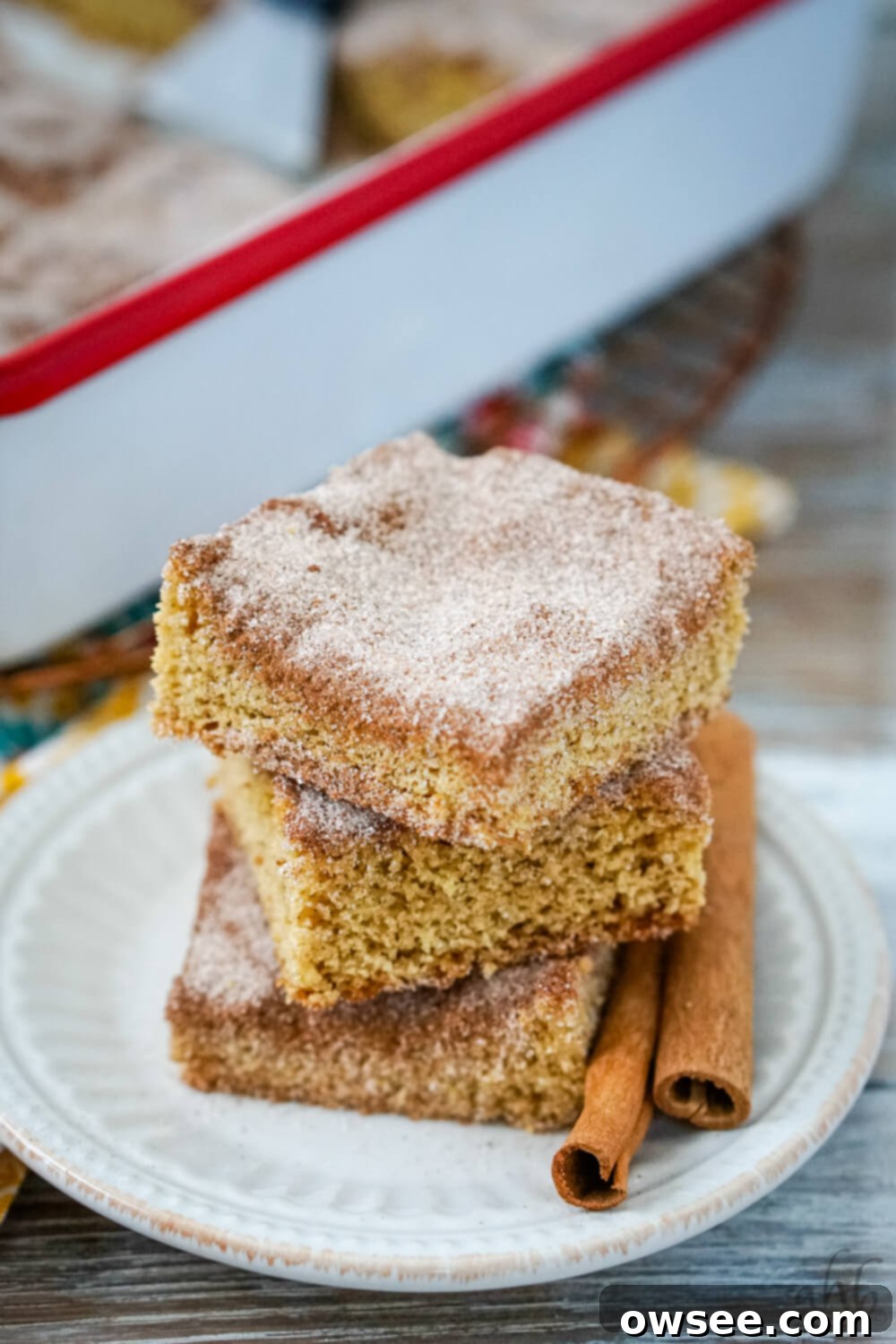 Churro Blondies 9 A stack of freshly baked churro bars with some cinnamon sticks to one side.