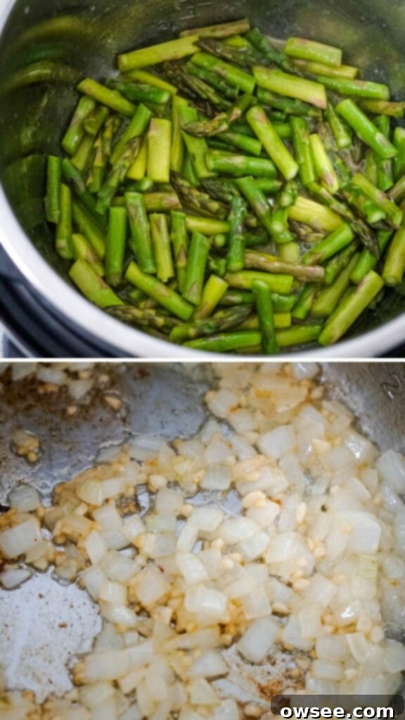 Creamy Instant Pot Asparagus Risotto 4 Asparagus being sautéed in an Instant Pot, turning bright green.