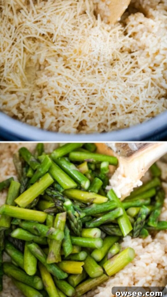 Creamy Instant Pot Asparagus Risotto 6 The Instant Pot lid open, revealing creamy risotto, with a spoon for stirring.