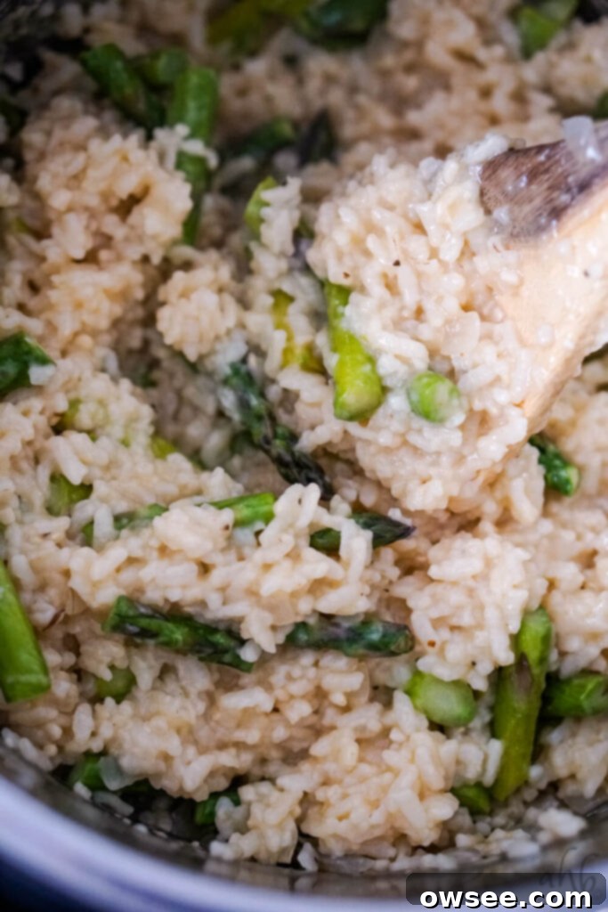 Creamy Instant Pot Asparagus Risotto 7 A bowl of Instant Pot Asparagus Risotto with a serving spoon, ready to be enjoyed.