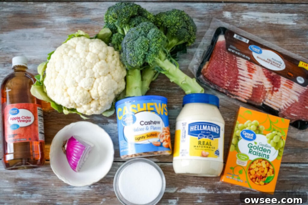 Creamy Amish Broccoli Cauliflower Medley 3 The ingredients needed to make Amish Broccoli Cauliflower salad: Apple cider vinegar, cauliflower, broccoli, bacon, red onion, sugar, cashews, mayo, and golden raisins