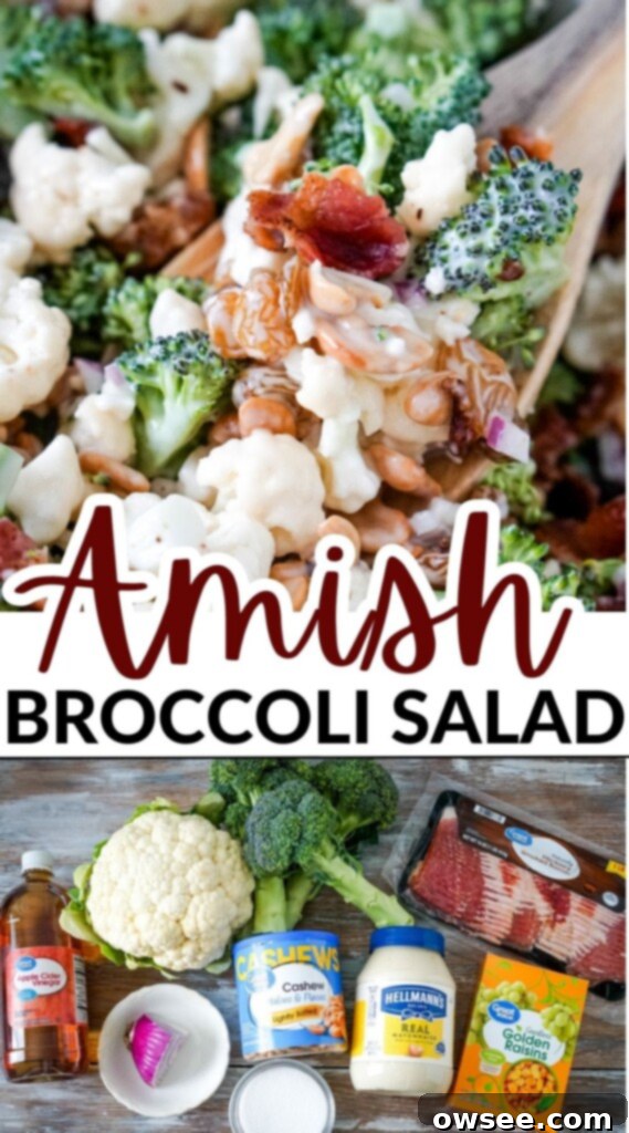 Creamy Amish Broccoli Cauliflower Medley 9 This creamy and crunchy Amish Broccoli Cauliflower Salad recipe is an old-fashioned country favorite! This easy-to-make salad is packed with fresh broccoli, cauliflower, cashews, bacon, and raisins and tossed with a tangy homemade dressing. It’s the perfect summer salad to take to a backyard barbecue!