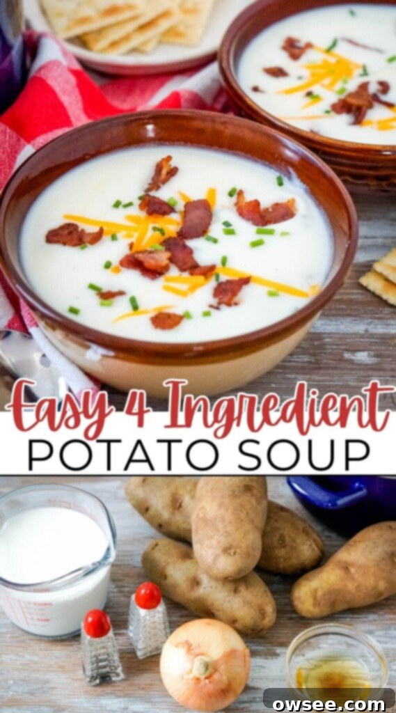 Effortless Four-Ingredient Potato Soup 13 Easy 4 ingredient potato soup topped with bacon, shredded cheddar cheese, chopped chives and 2 cups of half and half, salt and pepper, a yellow onion, a small bowl of bacon grease, four russet potatoes, and a large blue stockpot.