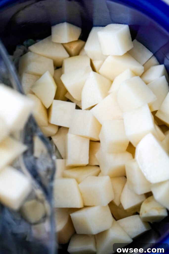 Effortless Four-Ingredient Potato Soup 7 Peeled and cut potatoes are added to the stockpot and covered with water.