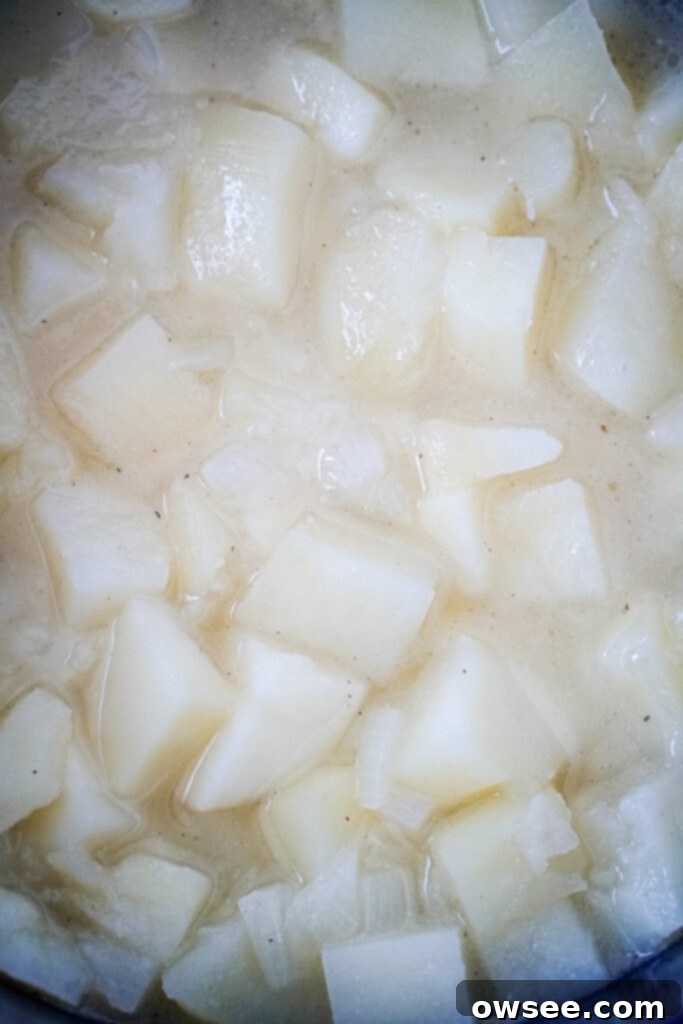 Effortless Four-Ingredient Potato Soup 8 Potatoes and onions simmer in the stockpot until they are fork tender.
