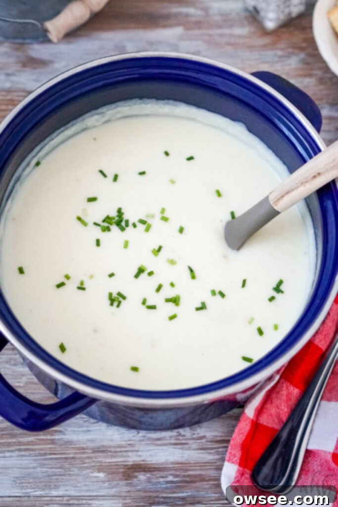 Effortless Four-Ingredient Potato Soup 10 The blue stockpot is filled with creamy 4 ingredient potato soup topped with chopped chives.