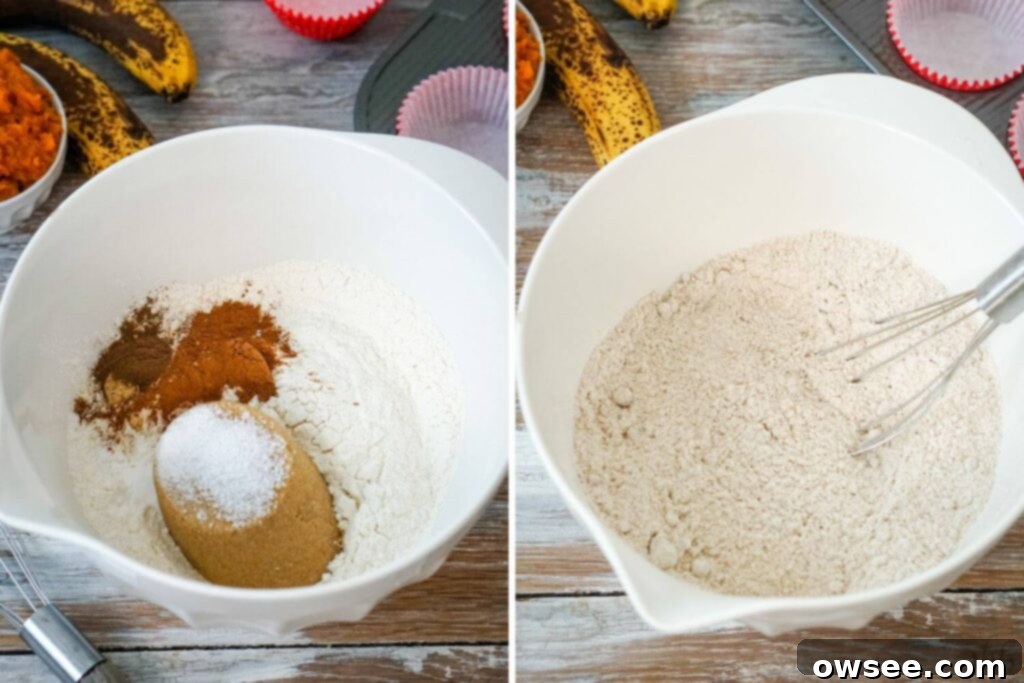 Golden Spiced Banana Pumpkin Muffins 5 A two-part image: first, a white mixing bowl with all-purpose flour, brown sugar, baking soda, salt, ground cinnamon, ground ginger, and ground allspice. Second, the same ingredients expertly whisked together into a uniform dry mixture.