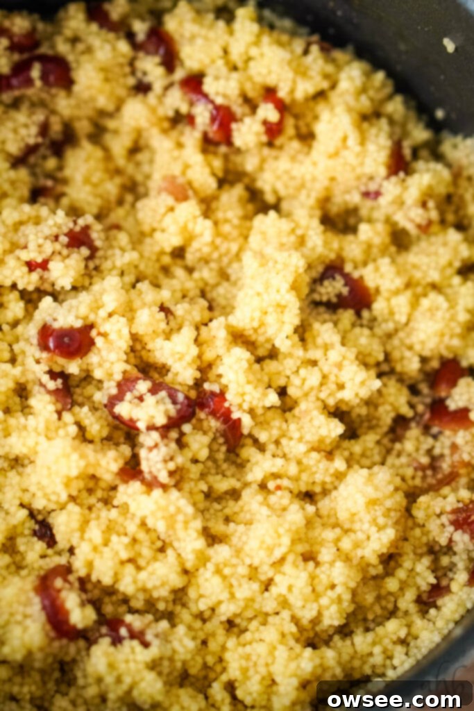 Vibrant Cranberry Couscous Salad 5 Cooked couscous infused with dried cranberries, cinnamon, cardamom, and cumin, perfectly fluffed and ready for the next steps.