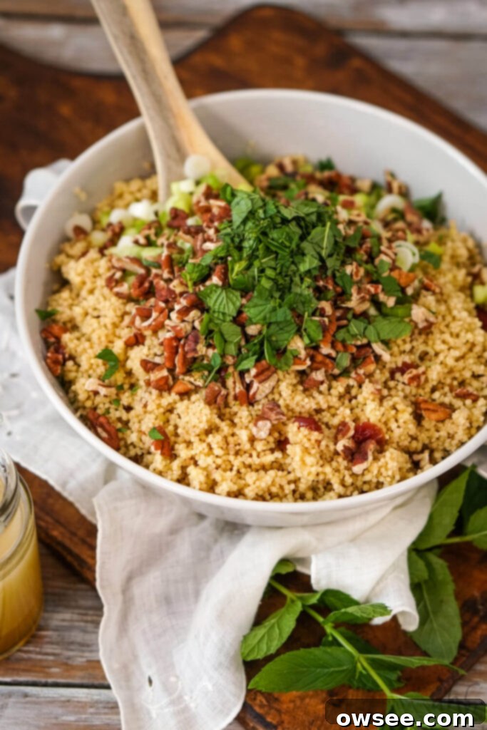 Vibrant Cranberry Couscous Salad 8 A white bowl of cranberry couscous salad being stirred with a wooden spoon, garnished with toasted pecans, vibrant green onions, and fresh mint leaves.
