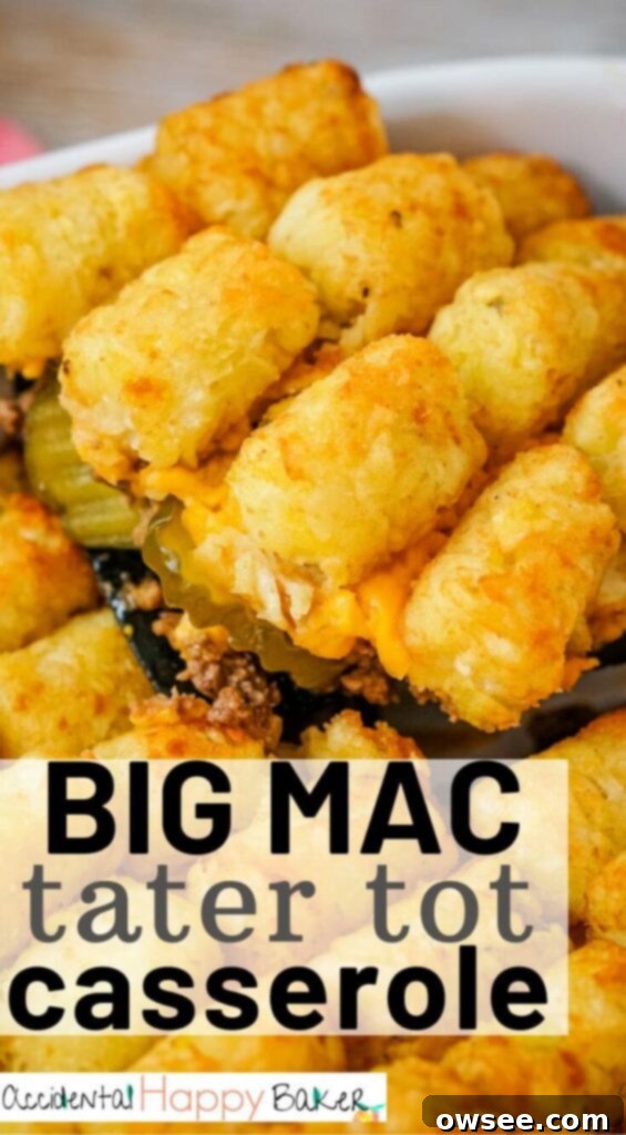 Big Mac Tater Tot Bake 14 Big Mac Tater Tot casserole has all the flavors of that iconic burger combo complete with hamburger, special sauce, pickles, and melted cheese. It’s topped off with crispy tater tots for an easy weeknight dinner your whole family will love!