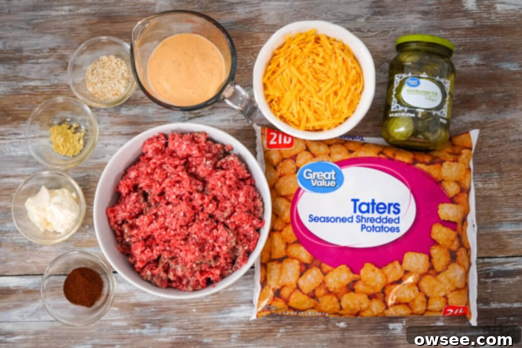 Big Mac Tater Tot Bake 5 A 32 oz. bag of frozen tater tots, a jar of hamburger dill pickle slices, shredded cheddar cheese, thousand island dressing, 2 lbs. of raw ground beef, paprika, mayo, dried ground mustard, and dried minced onion on a wooden table.