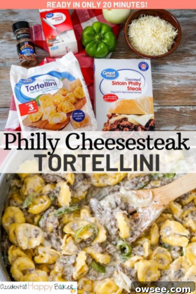 Philly Cheesesteak Filled Tortellini 10 A delicious close-up of the creamy, cheesy Philly Cheesesteak Tortellini, showing the textures of the steak, peppers, onions, and tortellini.