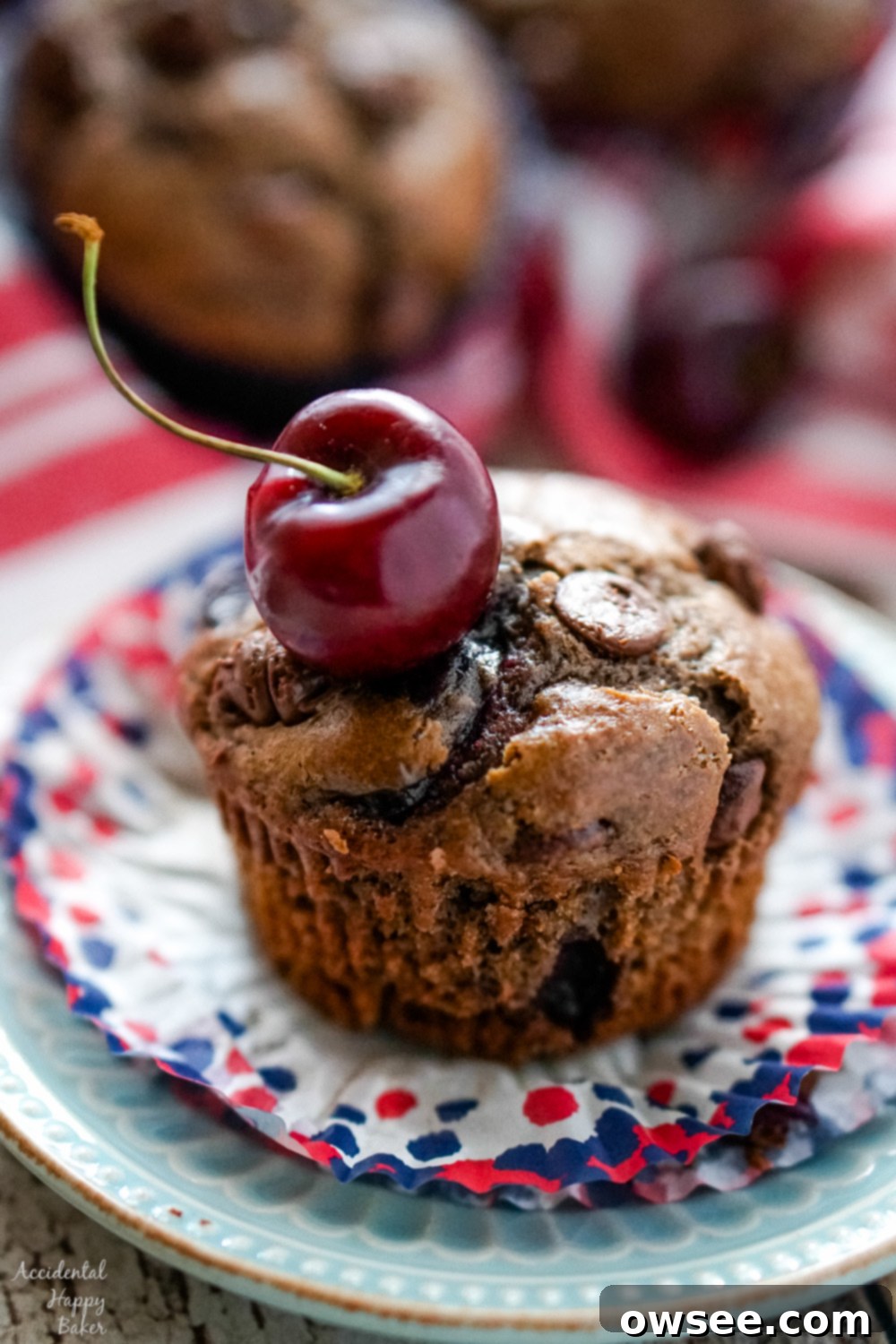 Cherry Chocolate Muffins 9 Delicious Cherry Chocolate Muffins, rich with cocoa and bursting with fruit and chocolate chips.