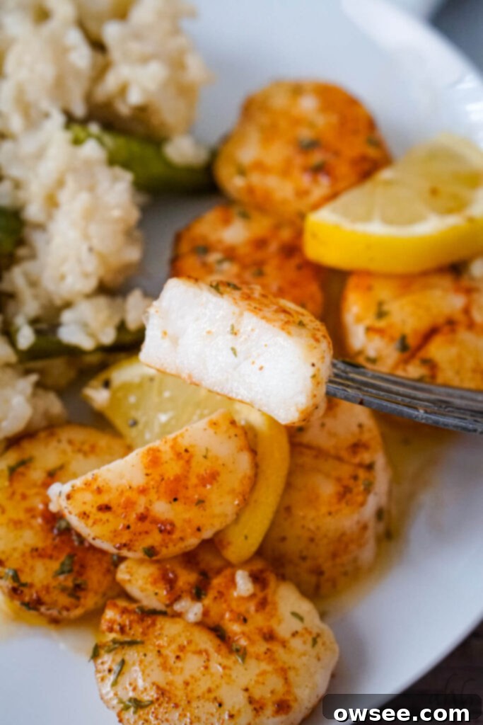 Crispy Air Fryer Scallops 3 A scallop is skewered with a fork and sliced in half revealing the opaque, perfectly cooked center, showing its succulence.