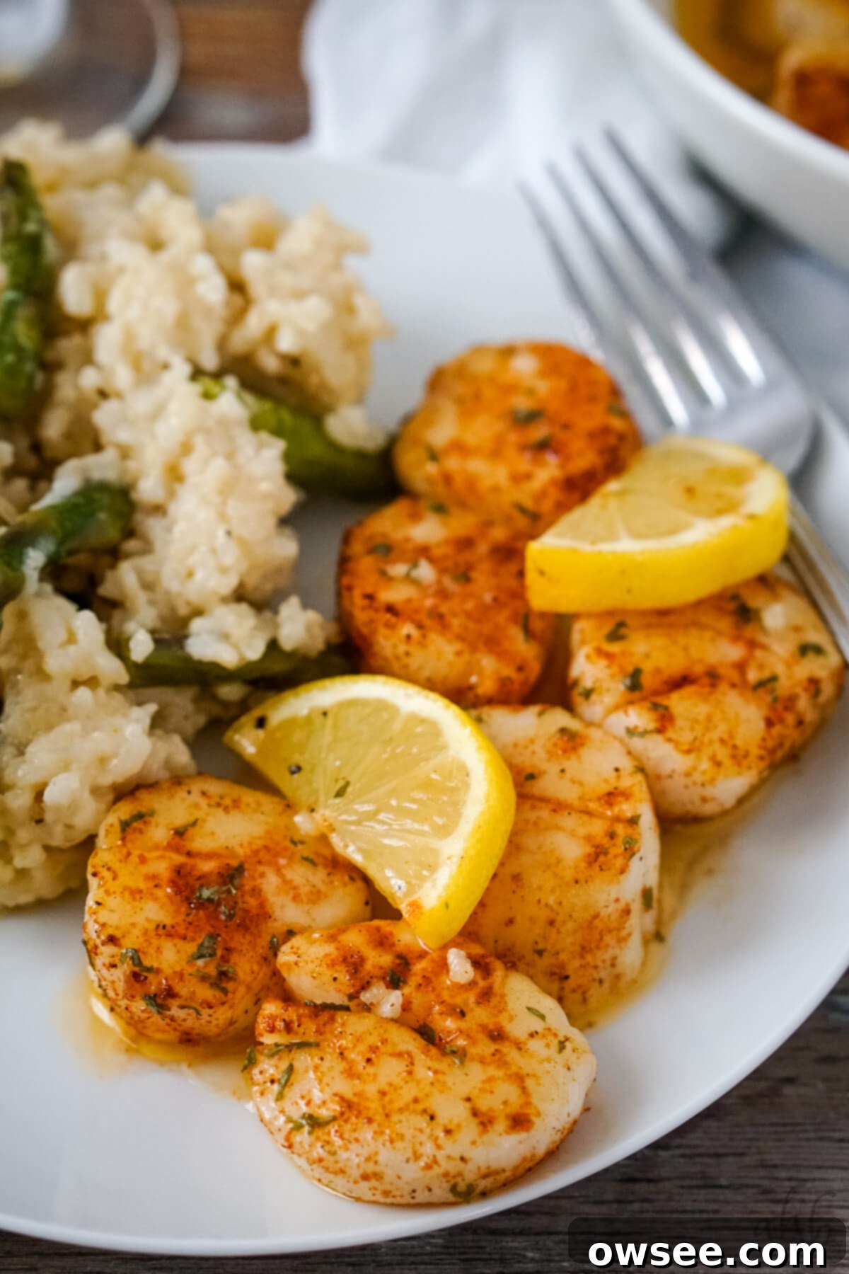Crispy Air Fryer Scallops 10 Perfectly cooked Air Fryer scallops topped with sliced lemon and drizzled with garlic butter are served with asparagus risotto. This dish offers a gourmet experience made easy at home.