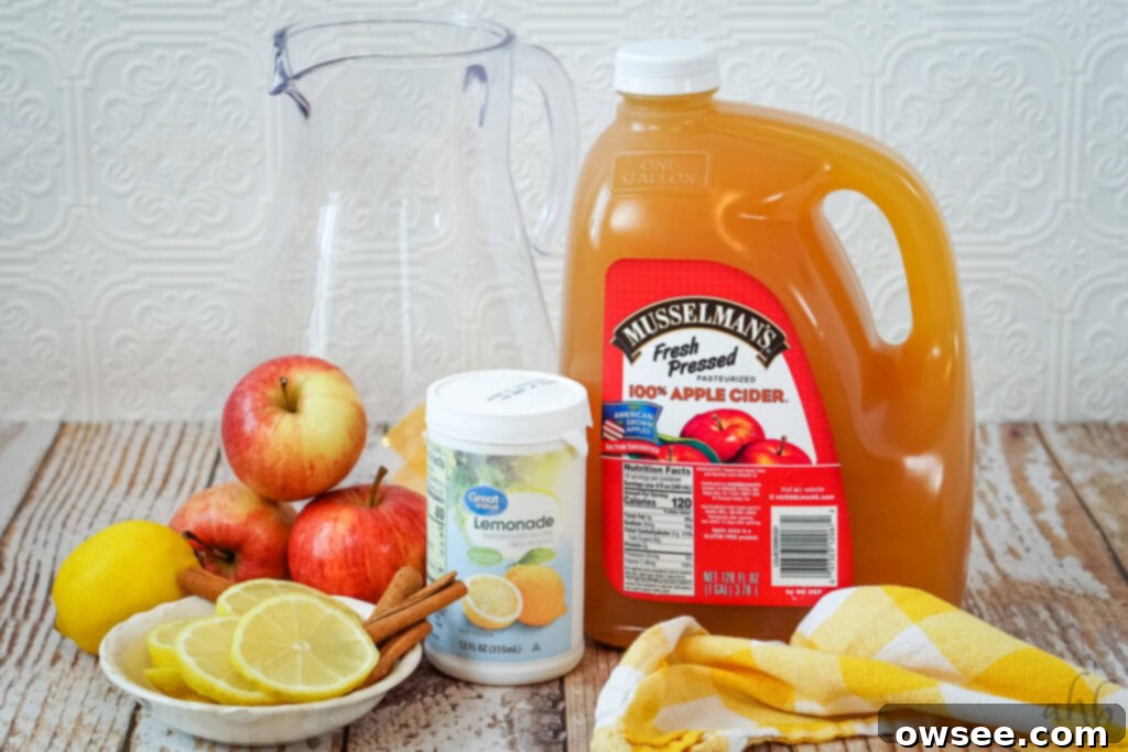 Sunburst Cider 4 A comprehensive collection of ingredients for Lemonade Cider, featuring a large glass pitcher, three vibrant red apples, a fresh lemon, pre-sliced lemon pieces, aromatic cinnamon sticks, a can of frozen lemonade concentrate, and a gallon of apple cider, all arranged for easy preparation.