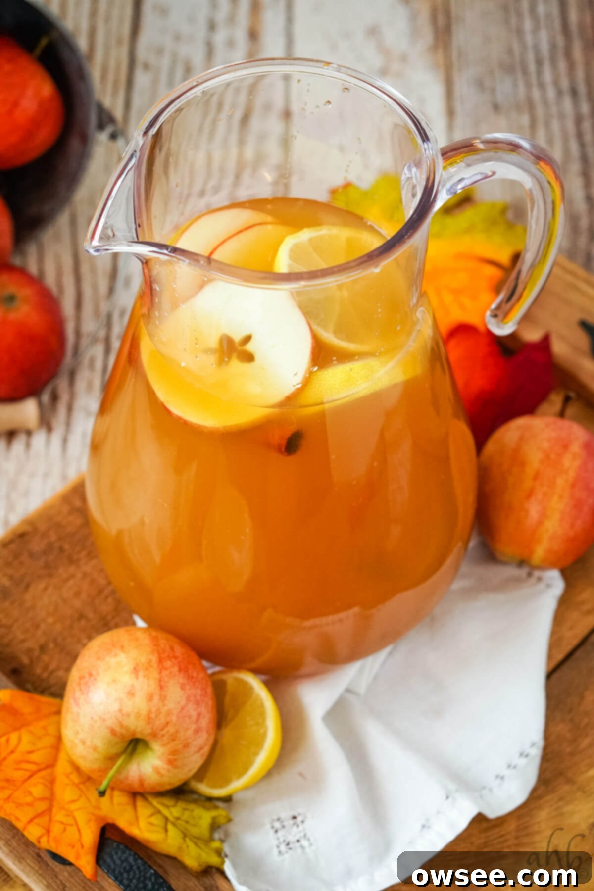 Sunburst Cider 6 A glass pitcher full of vibrant Lemonade Cider garnished with fresh sliced apples, lemons, and aromatic cinnamon sticks, ready for any occasion.